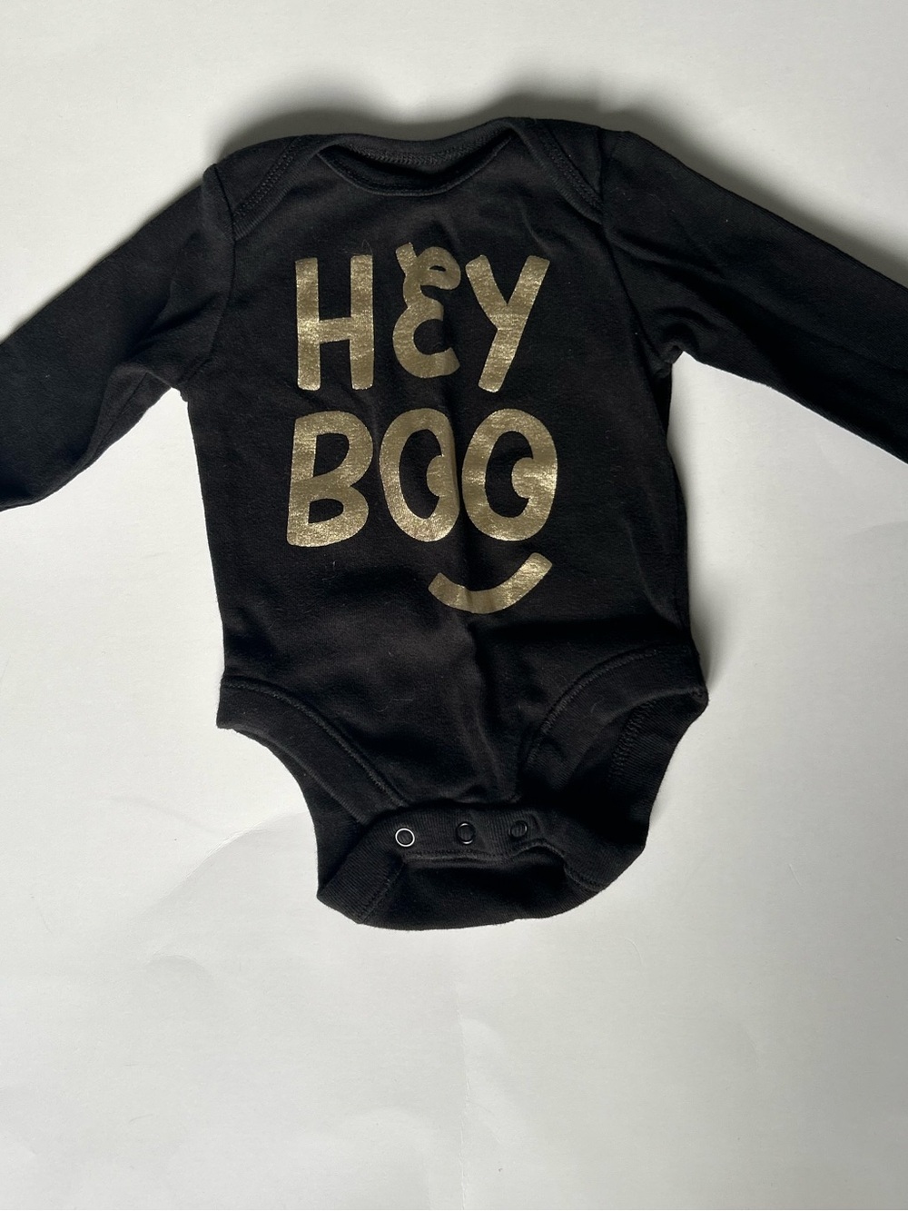 🍼5/$20🍼 Hey Boo Black Long-Sleeve Baby One-Piece with Gold Lettering